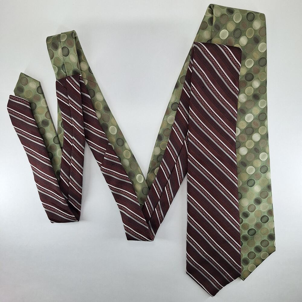 Lot Of 2 Neckties Mens - Ketch Maroon Red Striped Tie & Alfani Green Polka Dot